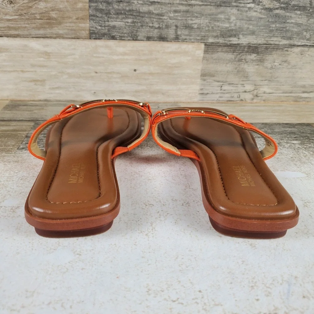 Michael Kors Lena Womens T-Strap Sandal Sz 6.5 M Orange Leather Slip On Open Toe
